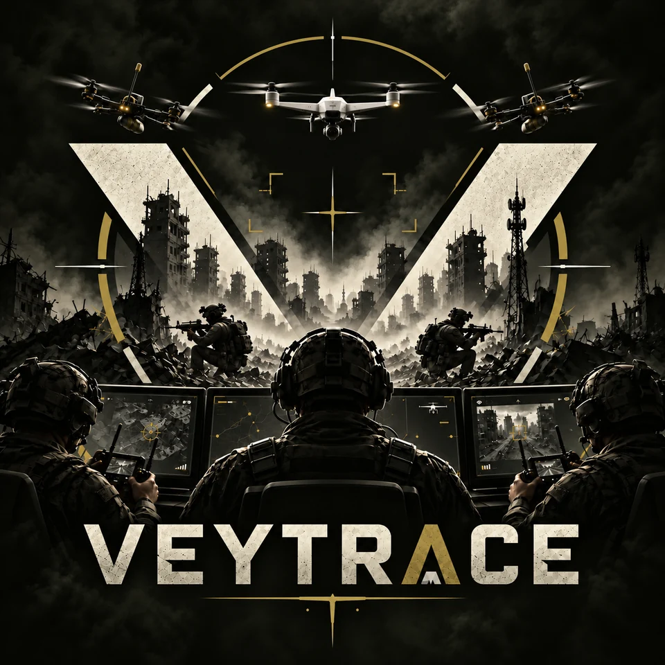 VEYTRACE 正式游戏字标与主视觉:无人机、城市废墟和战术行动人员